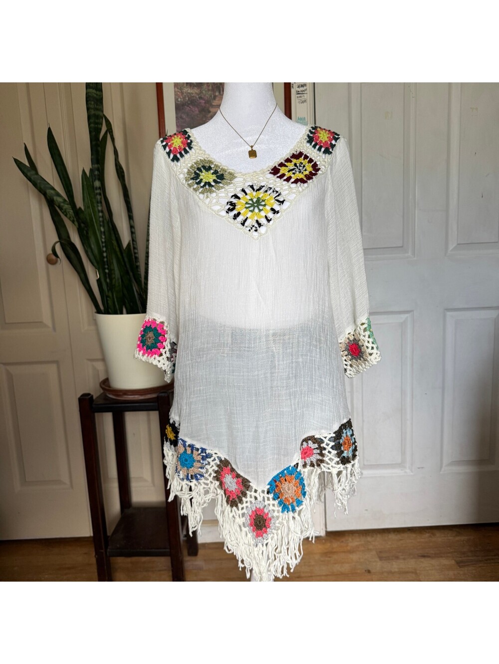Bohemian Crochet Accent White Tunic Top with Fringe